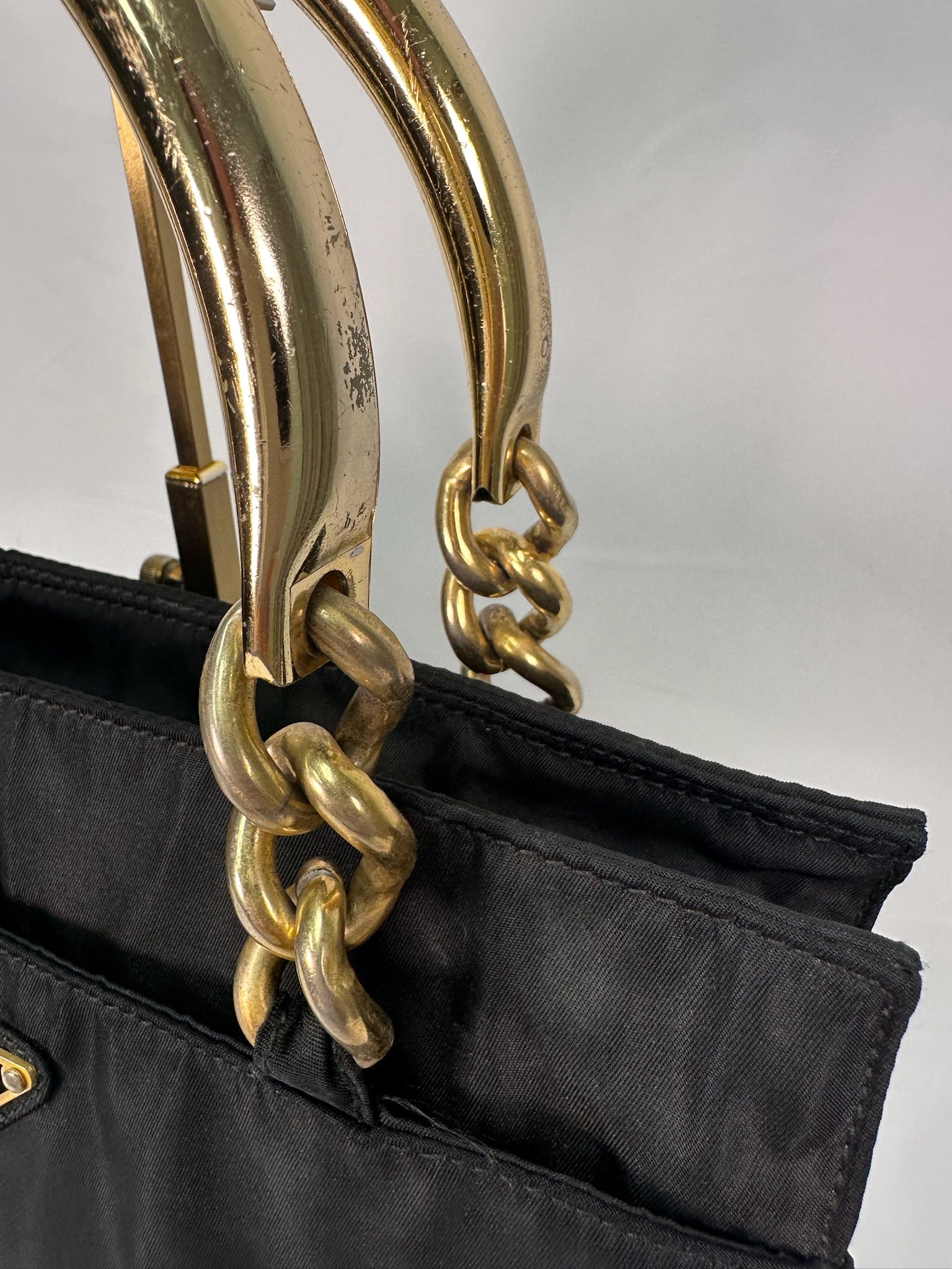 Prada Nylon Logo Tote in Black with Gold Handles