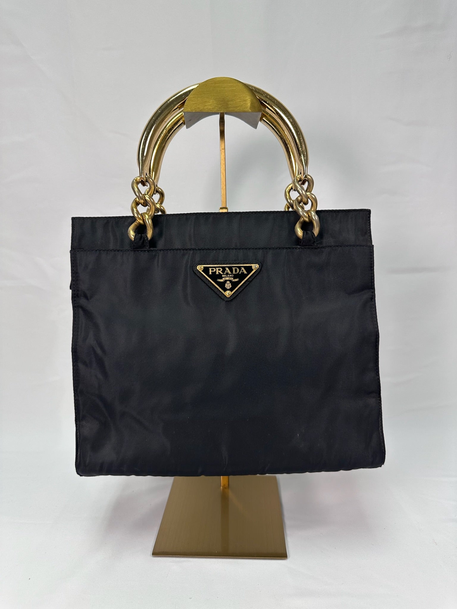 Prada Nylon Logo Tote in Black with Gold Handles