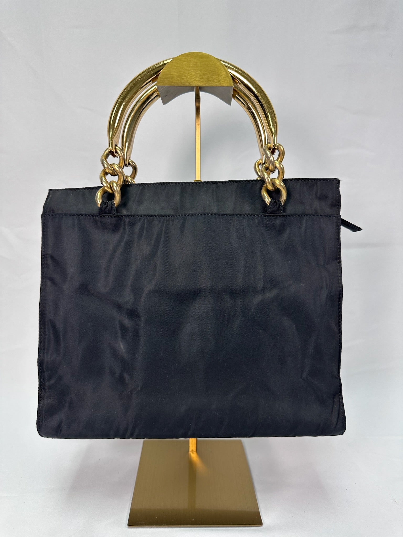 Prada Nylon Logo Tote in Black with Gold Handles – ROW Vintage