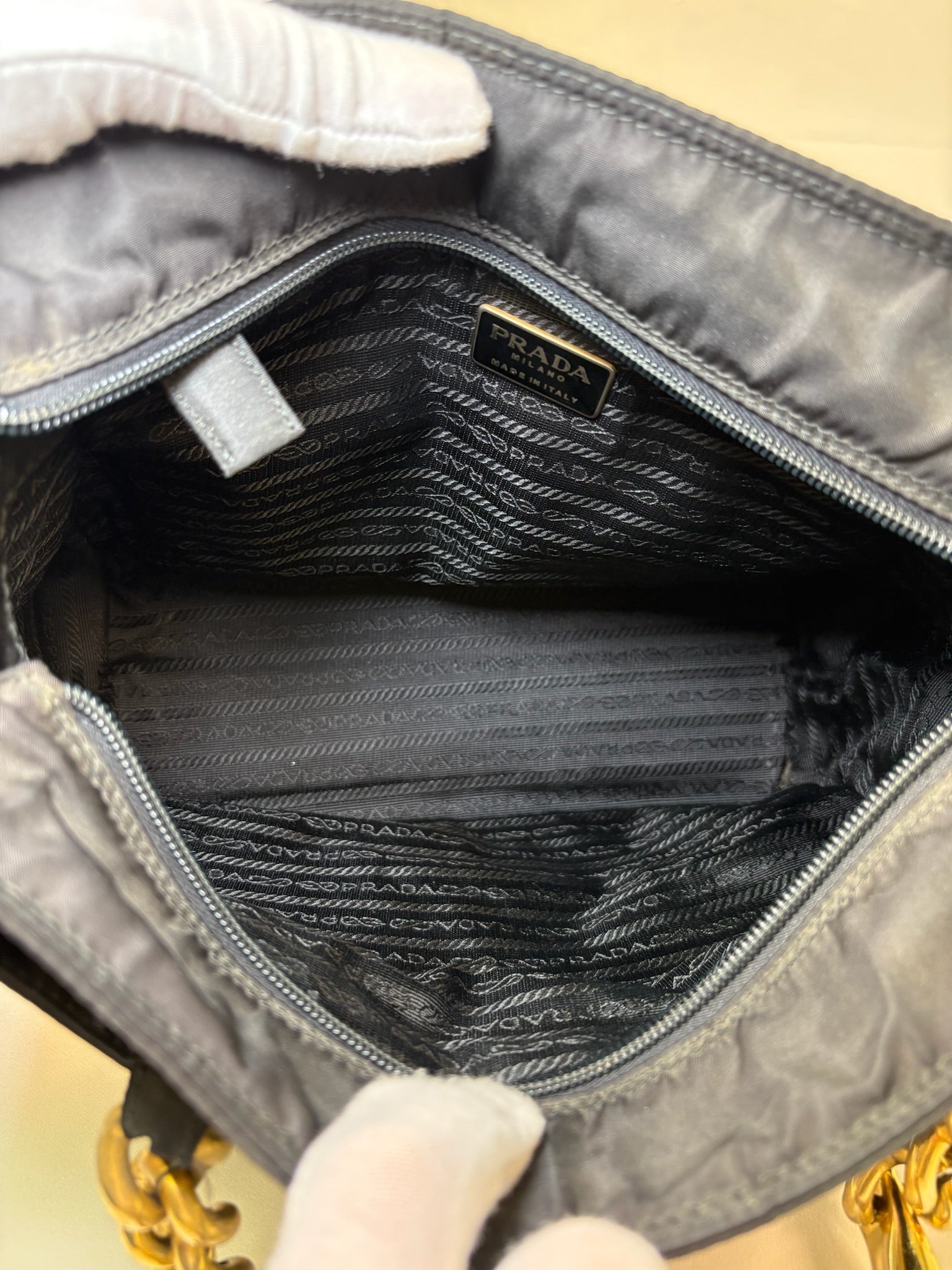 Prada Nylon Logo Tote in Black with Gold Handles
