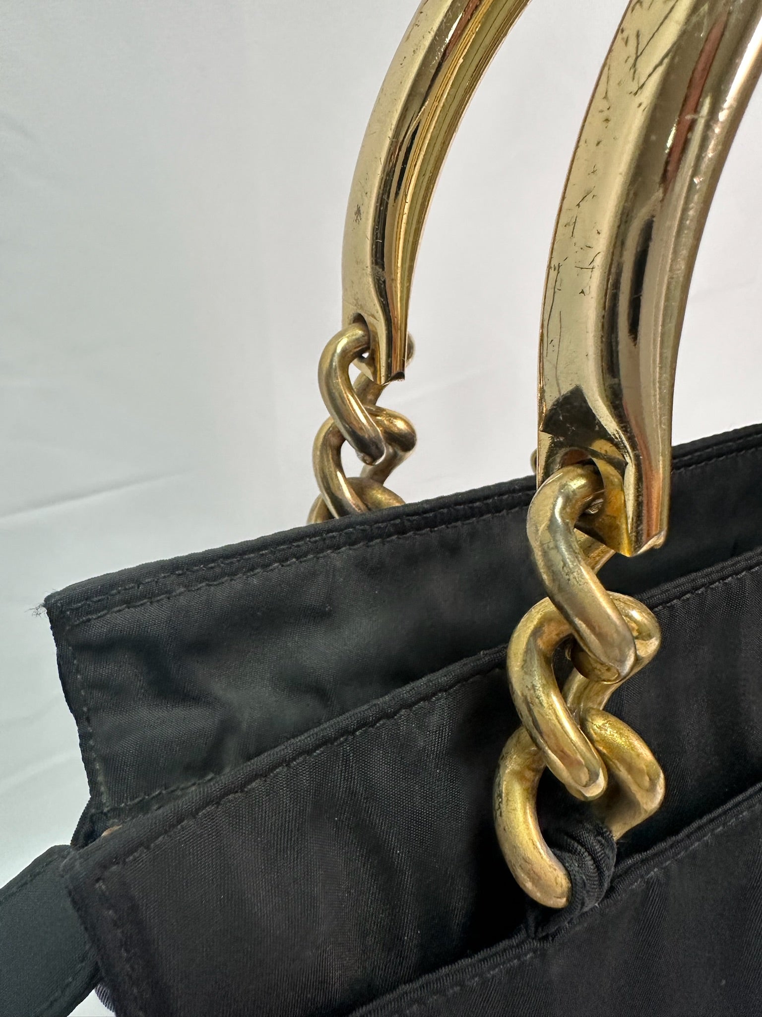 Prada Nylon Logo Tote in Black with Gold Handles – ROW Vintage