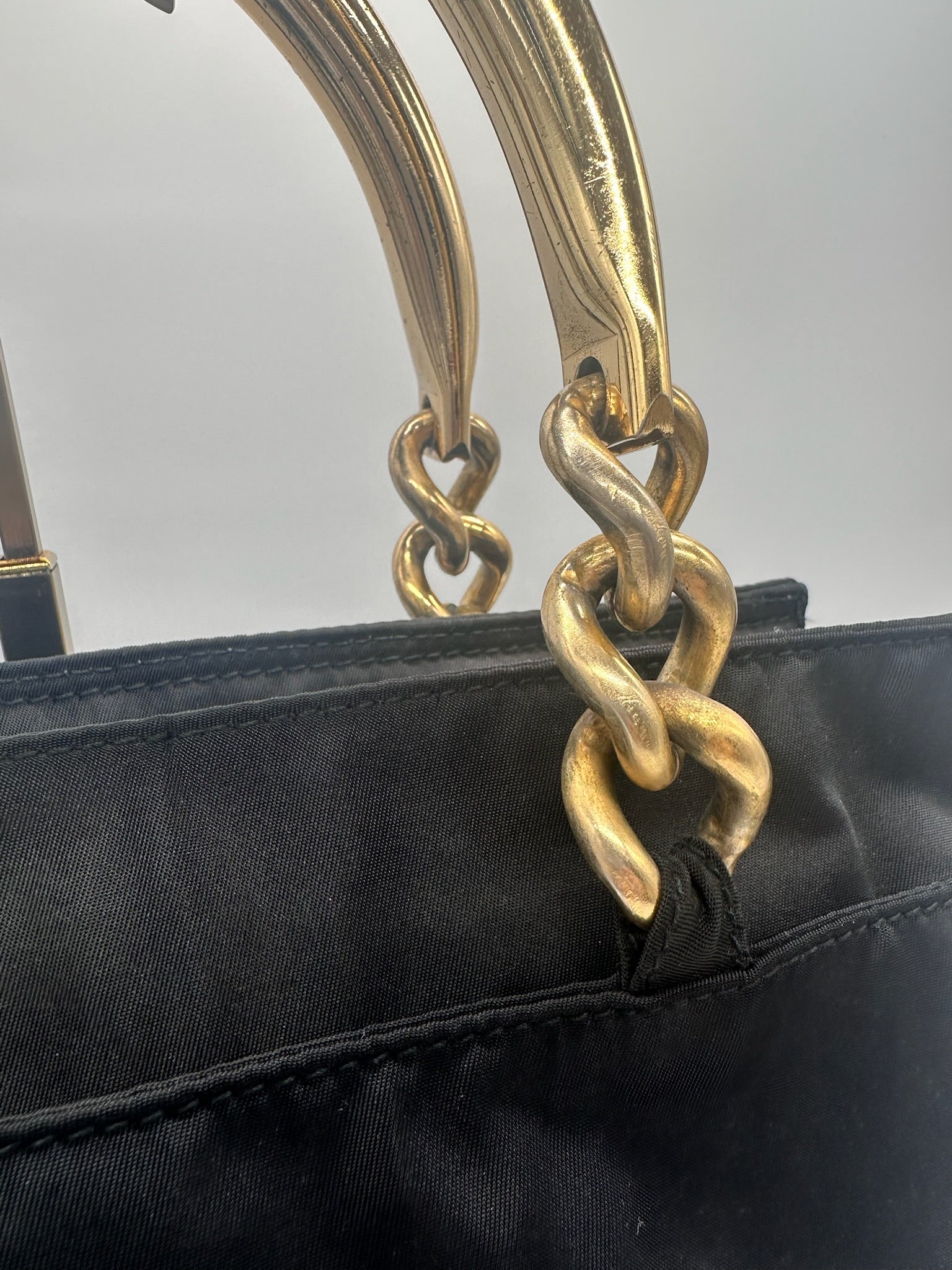 Prada Nylon Logo Tote in Black with Gold Handles