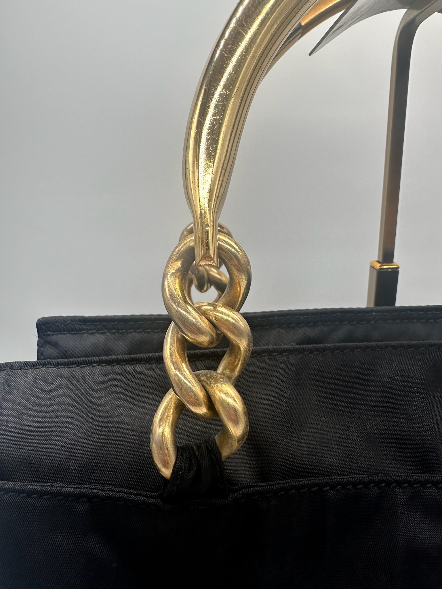Prada Nylon Logo Tote in Black with Gold Handles – ROW Vintage