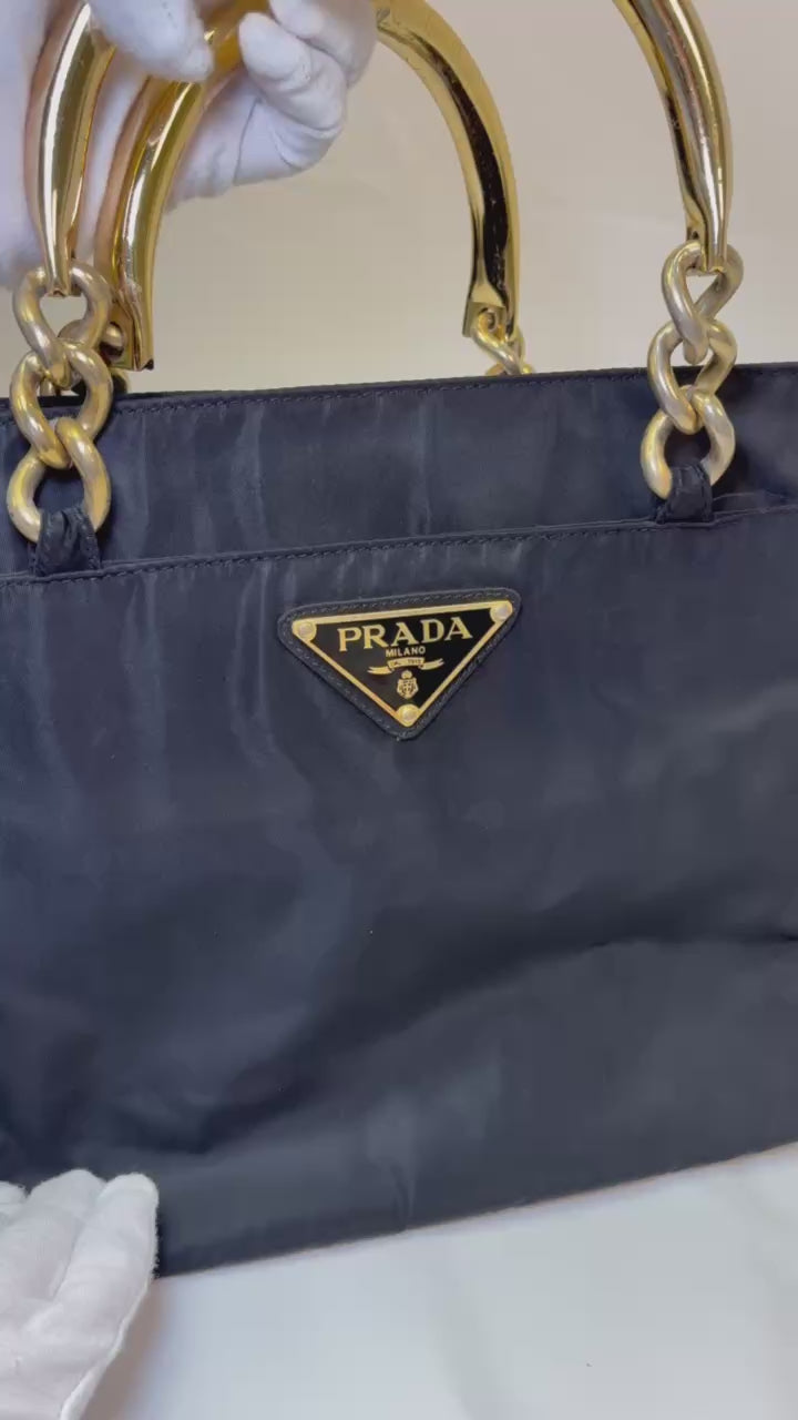 Prada Nylon Logo Tote in Black with Gold Handles