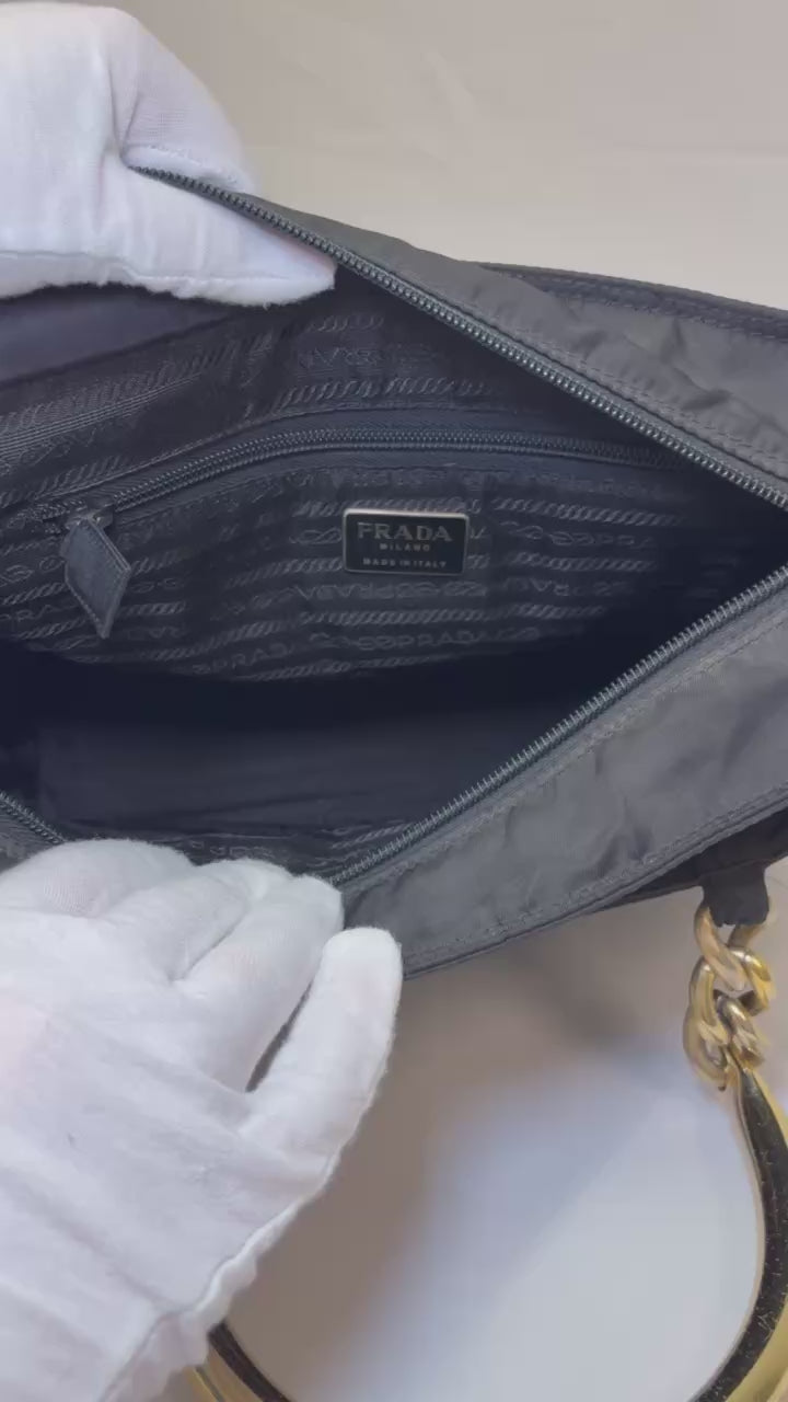Prada Nylon Logo Tote in Black with Gold Handles